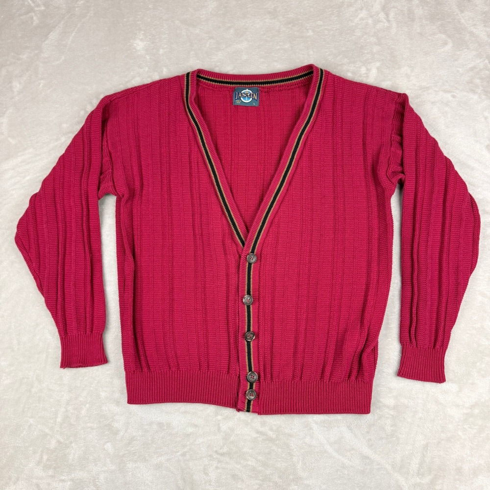 Vintage 90s Jantzen Cardigan Sweater Men L Red Ribbed Knit V-Neck Preppy Y2K USA